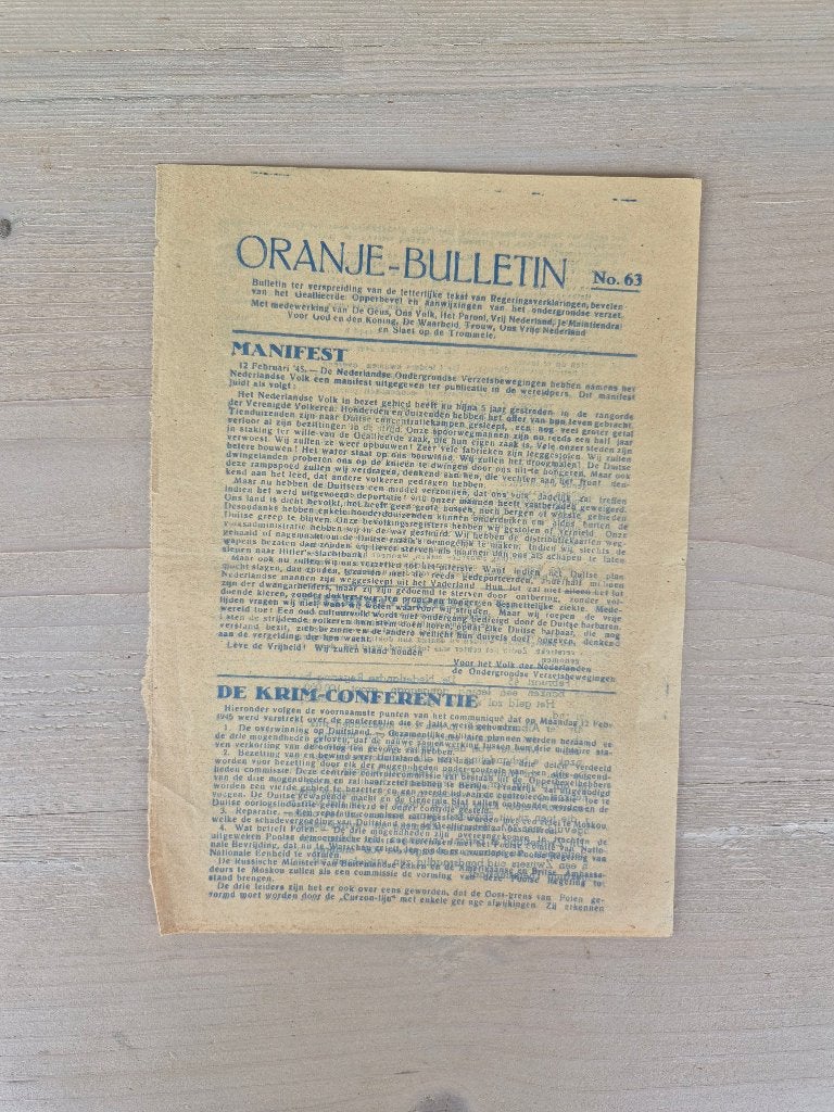 Illegale pers verzetskrant Oranje Bulletin No.63, feb 1945, Ophalen of Verzenden, Nederland, Overige typen