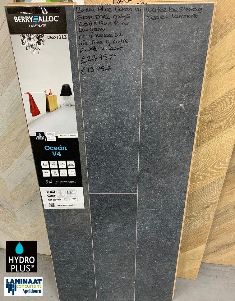 Waterbestendig Tegel Laminaat Stone Dark 8mm dik Hydro Plus, 75 m² of meer, Nieuw, Ophalen of Verzenden, Waterbestendig tegel laminaat stone dark