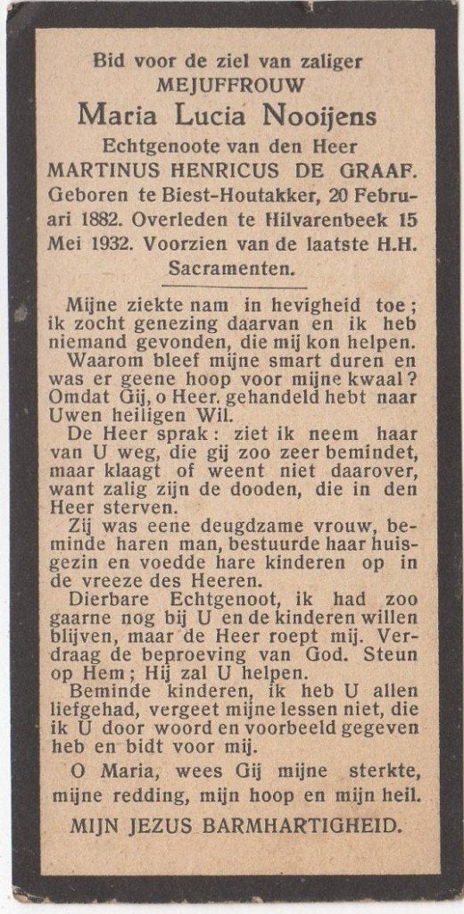Maria Lucia Nooijens 1882 Biest-Houtakker +1932 Hilvarenbeek, Verzamelen, Bidprentjes en Rouwkaarten, Verzenden