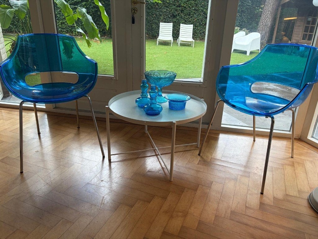 4 blauwe polycarbonate OPAL stoelen, Huis en Inrichting, Stoelen, Ophalen, Kunststof, Gebruikt, Blauw