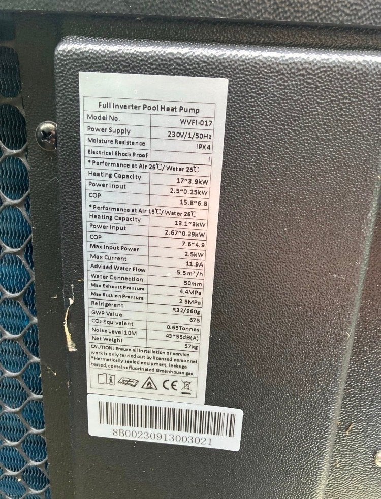 W'eau Full Inverter Zwembad Warmtepomp WVFI-017, Tuin en Terras, Ophalen, Gebruikt, Verwarming