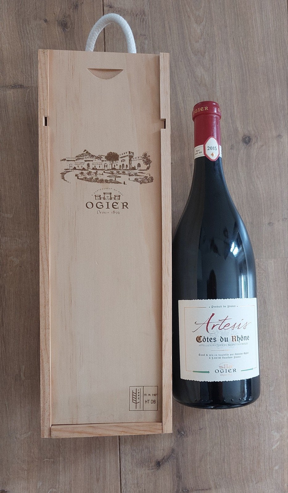Artesis Côtes du Rhône 2015 - Rode wijn in houten kist, Verzamelen, Wijnen, Ophalen of Verzenden, Zo goed als nieuw, Frankrijk