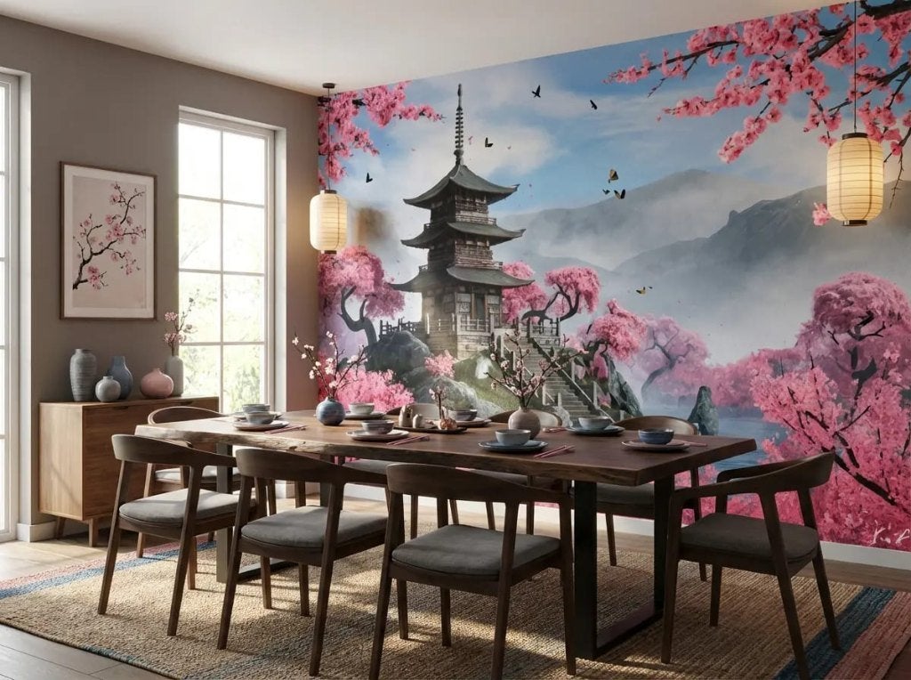 Bloesem behang woonkamer – Japanse pagode op maat, Bloemen, 75 m² of meer, Ophalen of Verzenden, Fotobehang