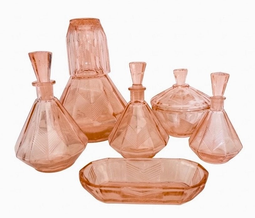 Antieke / Art Déco 7-Delige Toiletset Roze Persglas ca. 1930, Verzenden