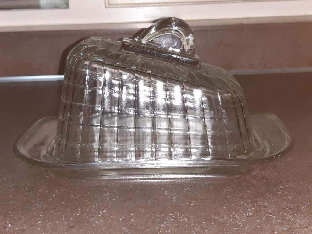 Vintage persglas boter / kaas stolp puntgaaf, Ophalen of Verzenden, Zo goed als nieuw, Overige stijlen