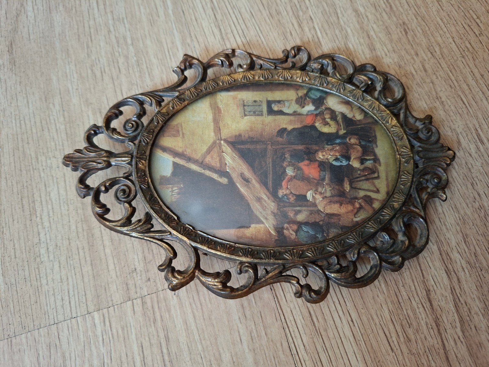 Vintage Italiaans Bronskleurig Ovaal Schilderij, Ophalen of Verzenden