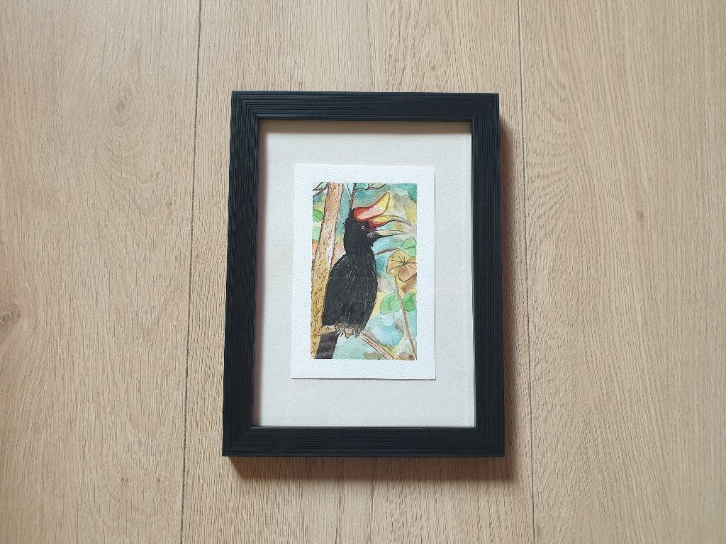 Mini aquarel Neushoornvogel schilderijtje 18x13 cm, Ophalen, Minder dan 50 cm, Nieuw, Tekening