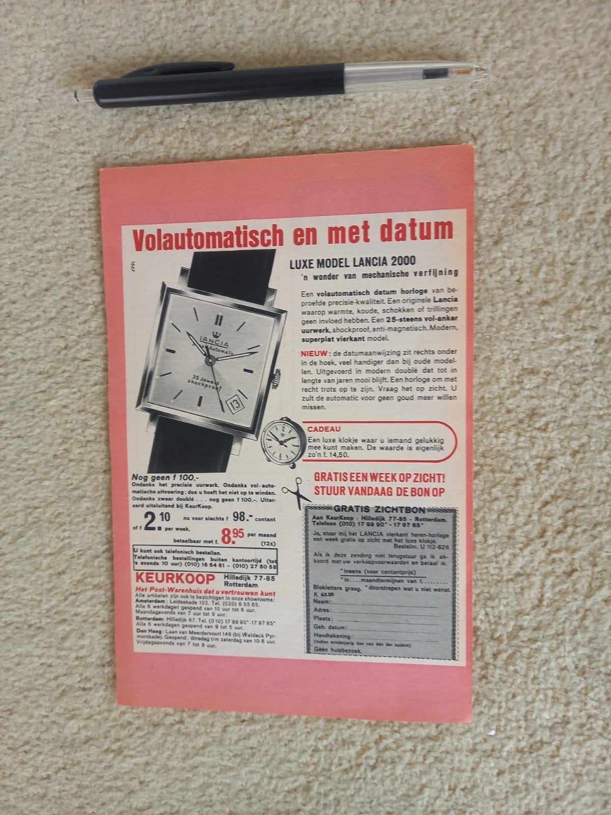 oude advertentie LANCIA HORLOGE - Keurkoop 1967, Verzamelen, Verzenden, 1960 tot 1980, Nederland, Knipsel(s)
