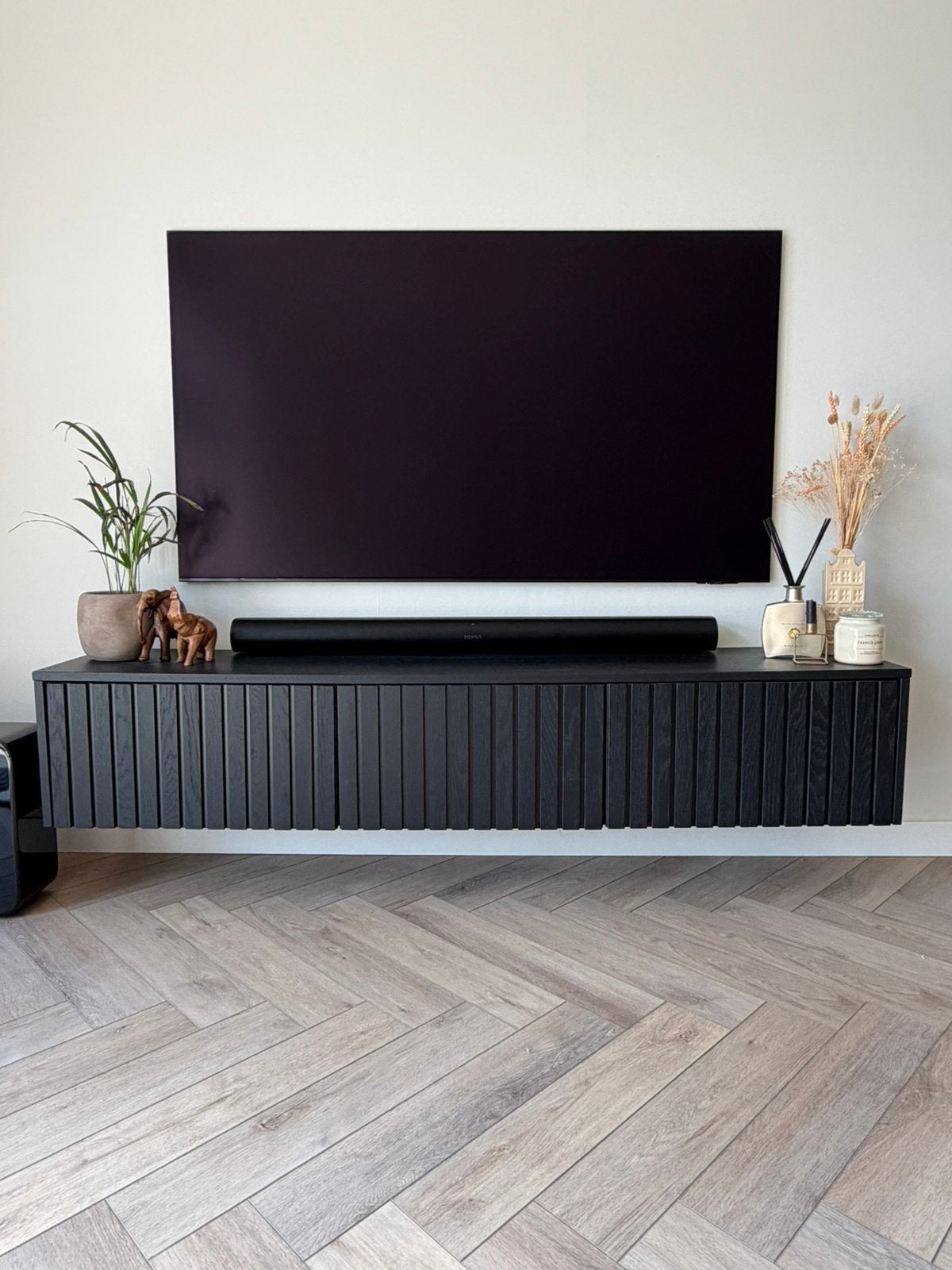Hangend eiken maatwerk tv-meubel zwart | 180cm, Ophalen, 150 tot 200 cm, Zo goed als nieuw, Minder dan 100 cm