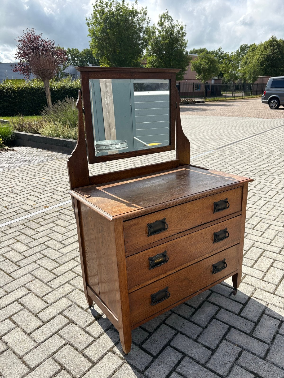 Antieke ladekast met spiegel - Eikenhout, Antiek en Kunst, Ophalen, Rechthoekig, 50 tot 100 cm, 100 tot 150 cm