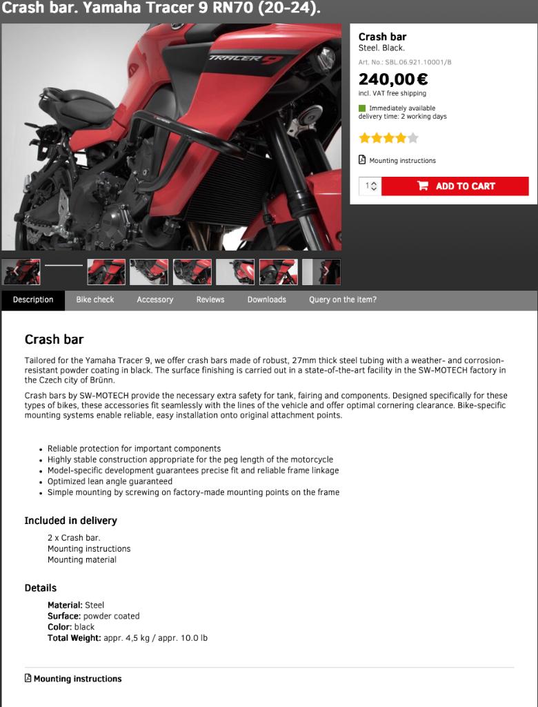 Yamaha Tracer 9 2020-24 crash bar van SW Motech, Motoren, Onderdelen | Yamaha, Ophalen of Verzenden, Nieuw