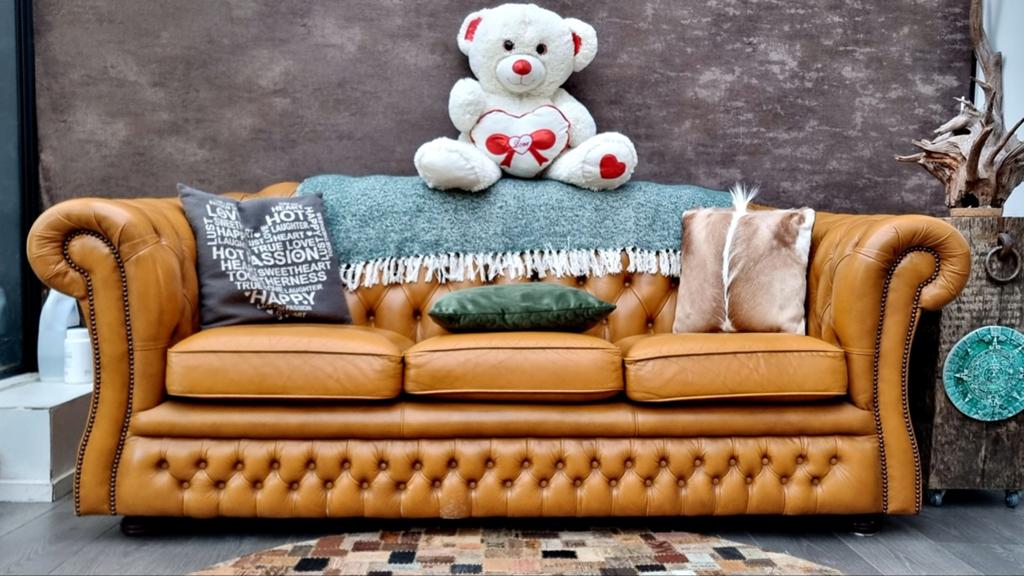 Springvale Chesterfield 3-zits – zeldzame tan/goudbruin leer, Ophalen, Gebruikt, 75 tot 100 cm, Leer