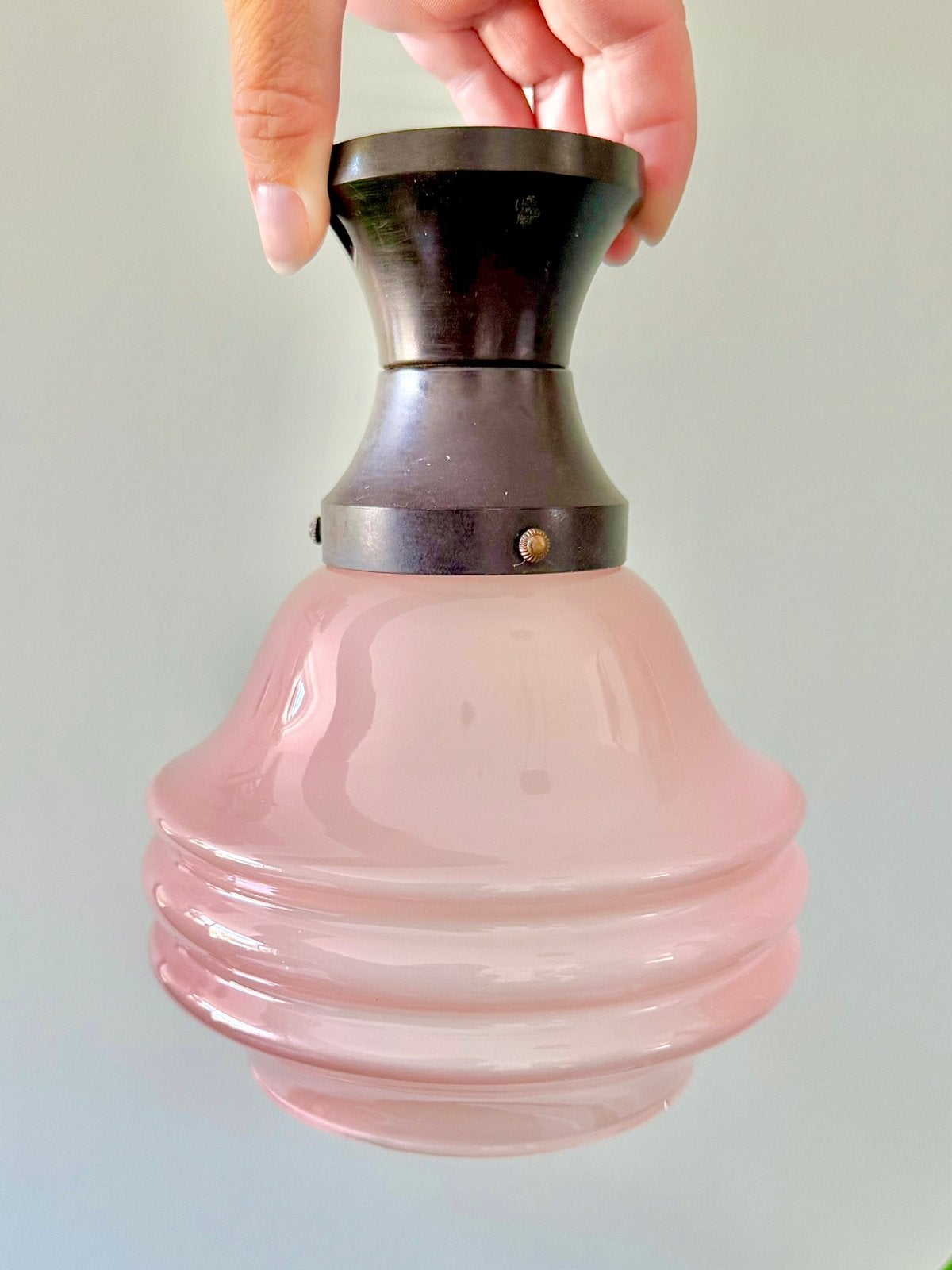 Vintage Art Deco roze opaline plafondlamp lampenkap, Ophalen of Verzenden, Gebruikt