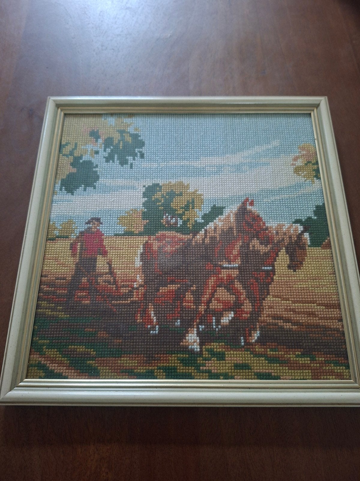 Vintage Geborduurd Schilderij: Paarden Ploegen, Ophalen