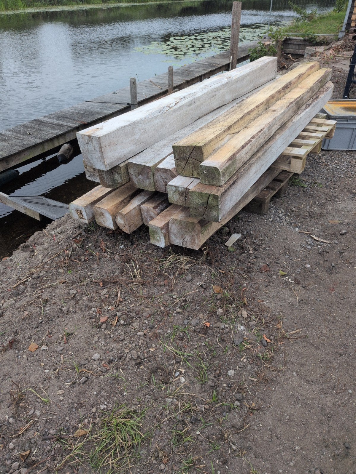Robuuste teak houten balken, Ophalen, Gebruikt, 250 tot 300 cm, 50 mm of meer