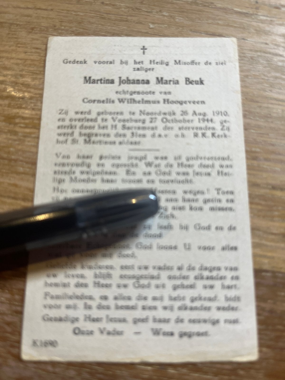 Beuk Martina 1910 Noordwijk 1944 Voorburg x Hoogeveen, Verzamelen, Ophalen of Verzenden, Bidprentje