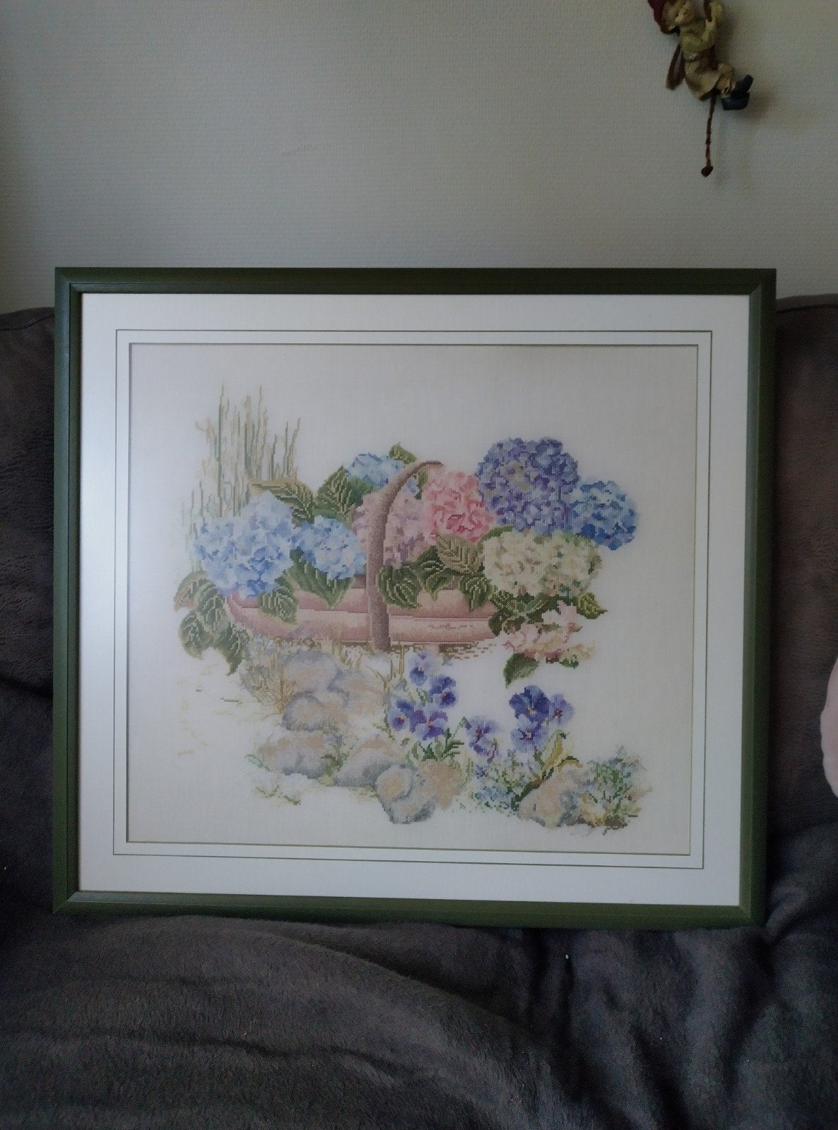 Geborduurde Hortensia 's, Ophalen, 50 tot 75 cm, Schilderij