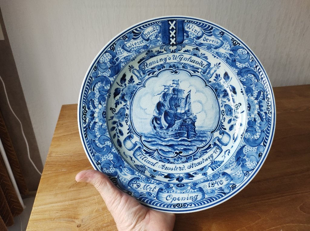 wandbord "Delfts blauw" opening penning wijnhandel 1940, Ophalen of Verzenden