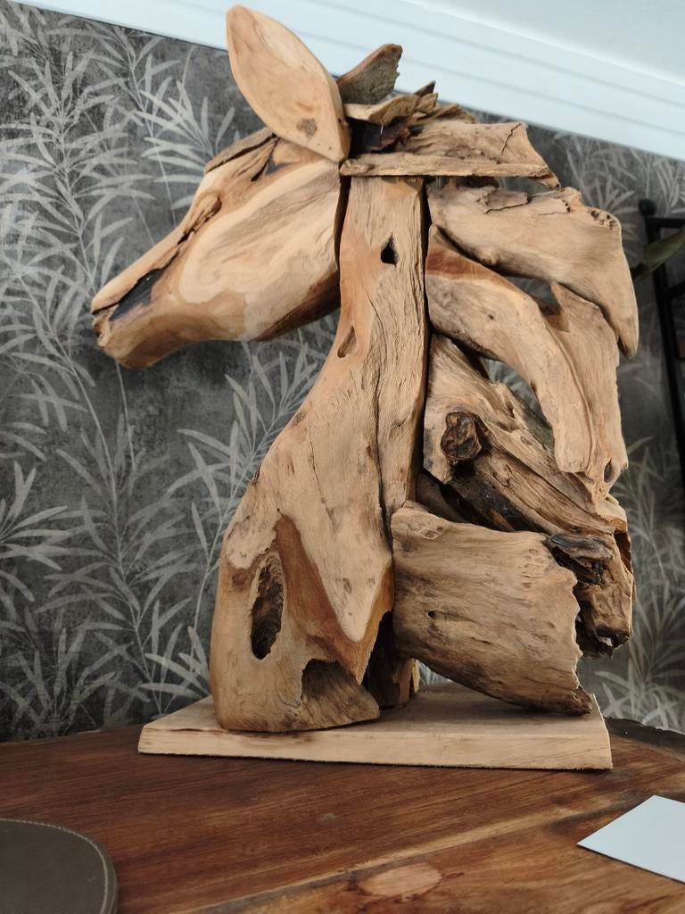 Uniek Houten Paardenhoofd Sculptuur - Handgemaakt, Ophalen, 50 - 100 cm, Beeld, Hout