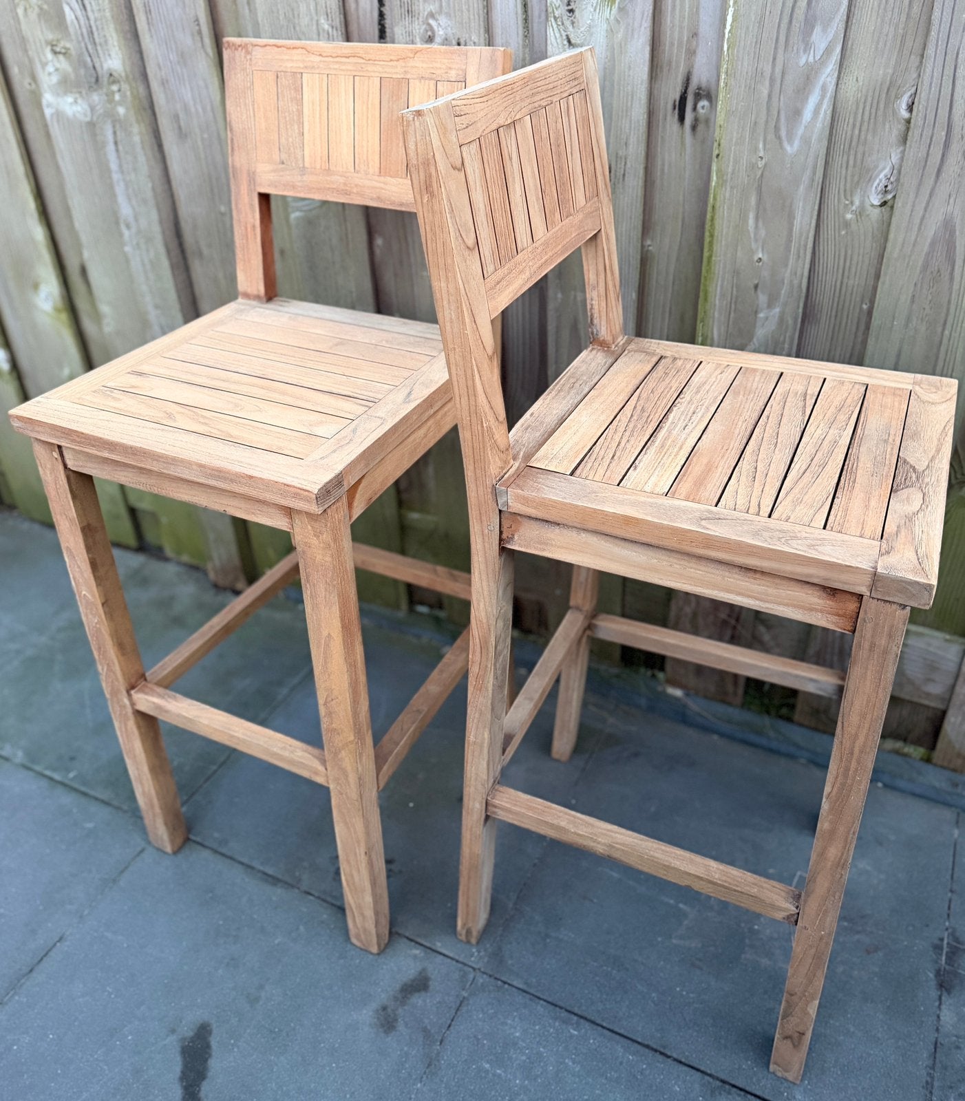 Hoge Puurteak tuin barstoelen 2x, Teakhout, Zo goed als nieuw, Stoel, Tuinset