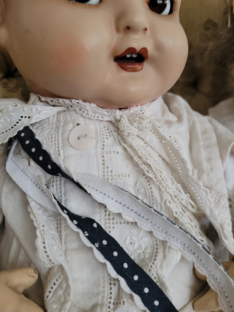 Antieke babypop met glazen draaibare ogen, Verzamelen, Poppen, Heikant 21 Kaatsheuvel, Belle Vieille Brocante, Ophalen of Verzenden