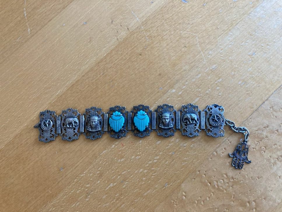 Vintage armband met turquoise en Egyptische symbolen, Overige materialen, Gebruikt, Ophalen of Verzenden, Met edelsteen