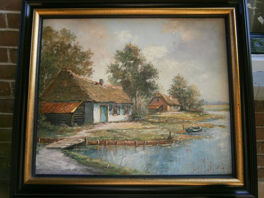 Jan Hendrik Miller: Boerenwoningen, Hollands landschap, Antiek en Kunst, Kunst | Schilderijen | Klassiek, Doek, Oud hollands, Ophalen of Verzenden