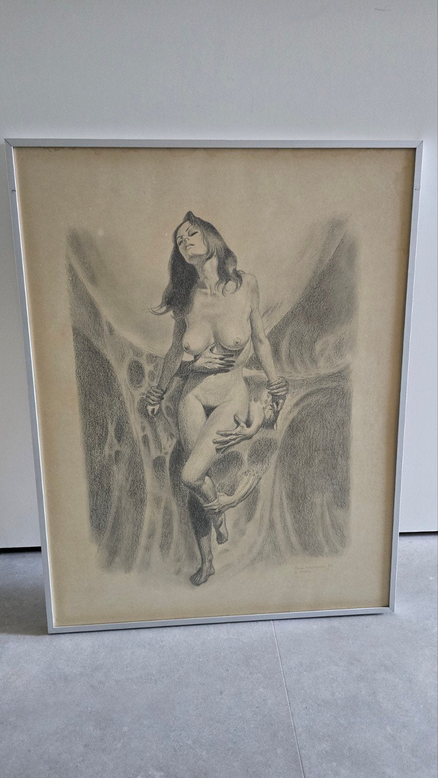 Naakttekening in lijst,  vrouwelijk naakt - 51 x 66 cm, Ophalen of Verzenden