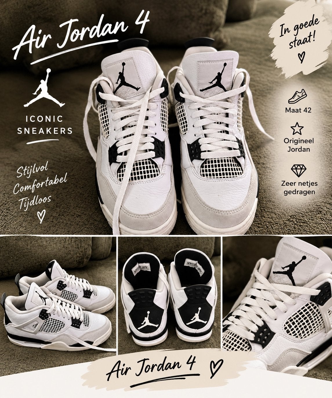Originele Air Jordan 4 Retro 'Military Black' – Maat 40, Kleding | Heren, Ophalen of Verzenden, Zo goed als nieuw, Wit