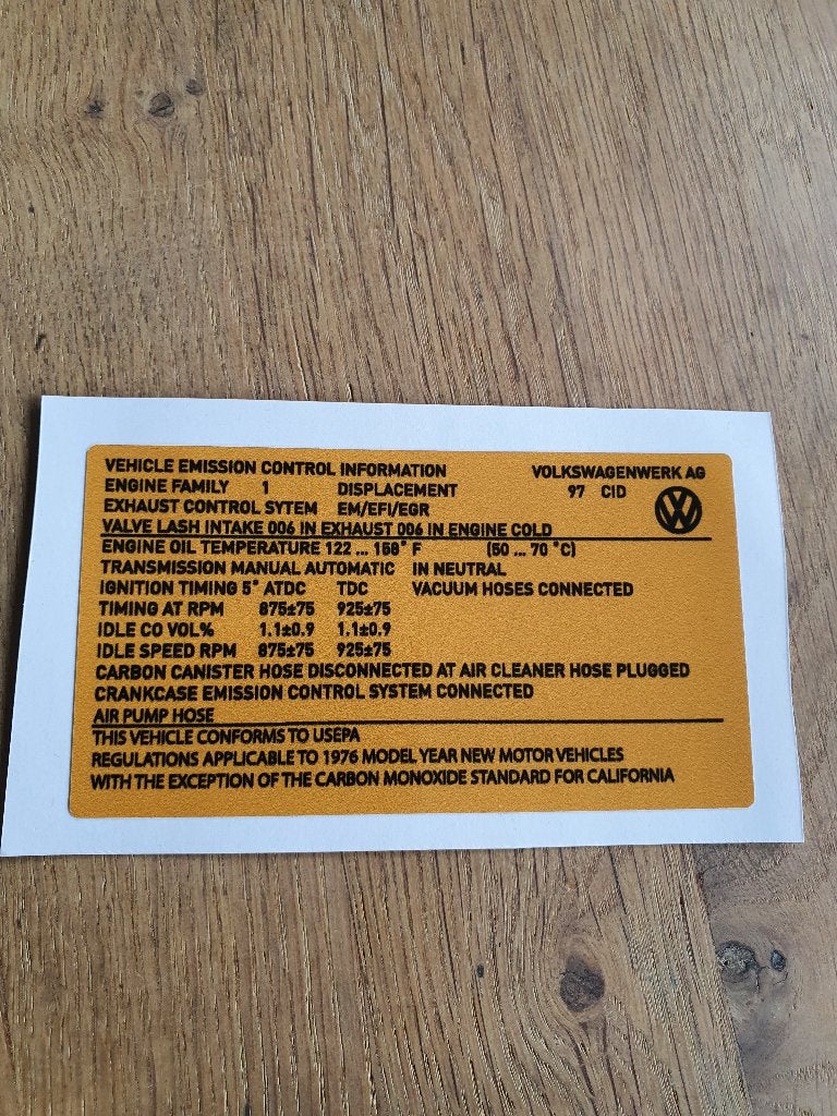 Emissie sticker dummy VW 1303 cabriolet USA., Ophalen of Verzenden
