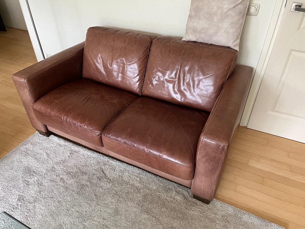 Leren 2 en 3 zitsbank, Huis en Inrichting, Ophalen, Gebruikt, Overige maten, 150 tot 200 cm
