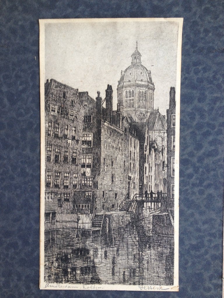 2 etsen: De Zuiderkerk en het Kolkje - Amsterdam, Antiek en Kunst, Kunst | Etsen en Gravures, 30 cm, Ets, Stadsgezicht, Ophalen of Verzenden