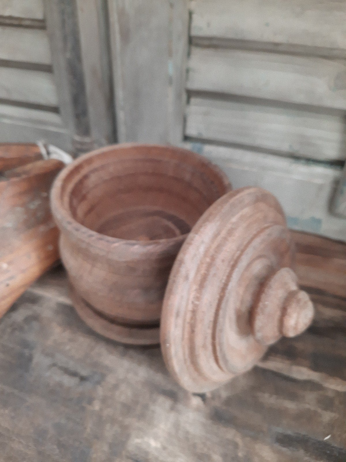 oude houten tabakspot houten pot potje stoer sober oud hout, Ophalen