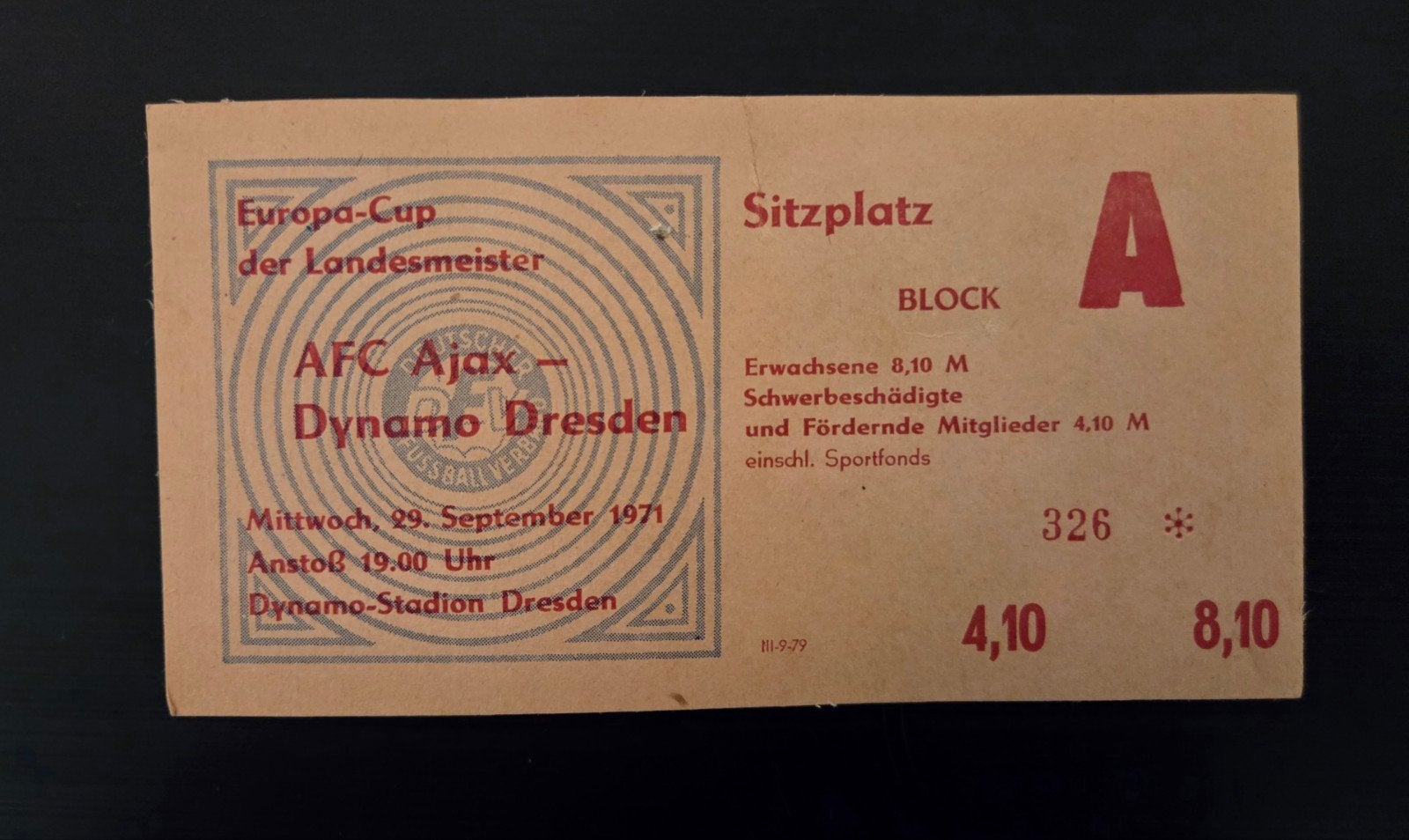 Voetbal entree ticket EUROPACUP 1 DYNAMO DRESDEN AJAX 1971, Ophalen of Verzenden, Gebruikt, Ajax, Boek of Tijdschrift