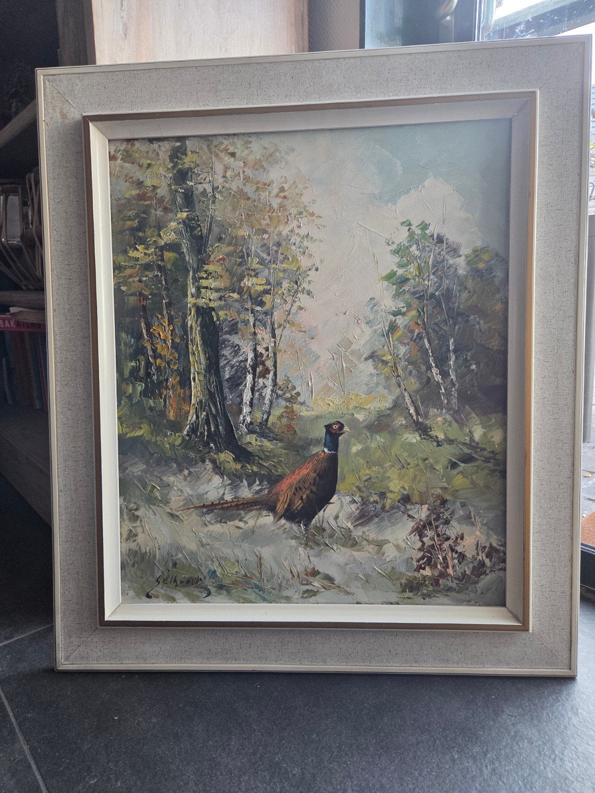 Schilderij Fazant in Boslandschap - Olieverf op Doek, Antiek en Kunst, Doek, Realistisch, Dieren, Ophalen of Verzenden