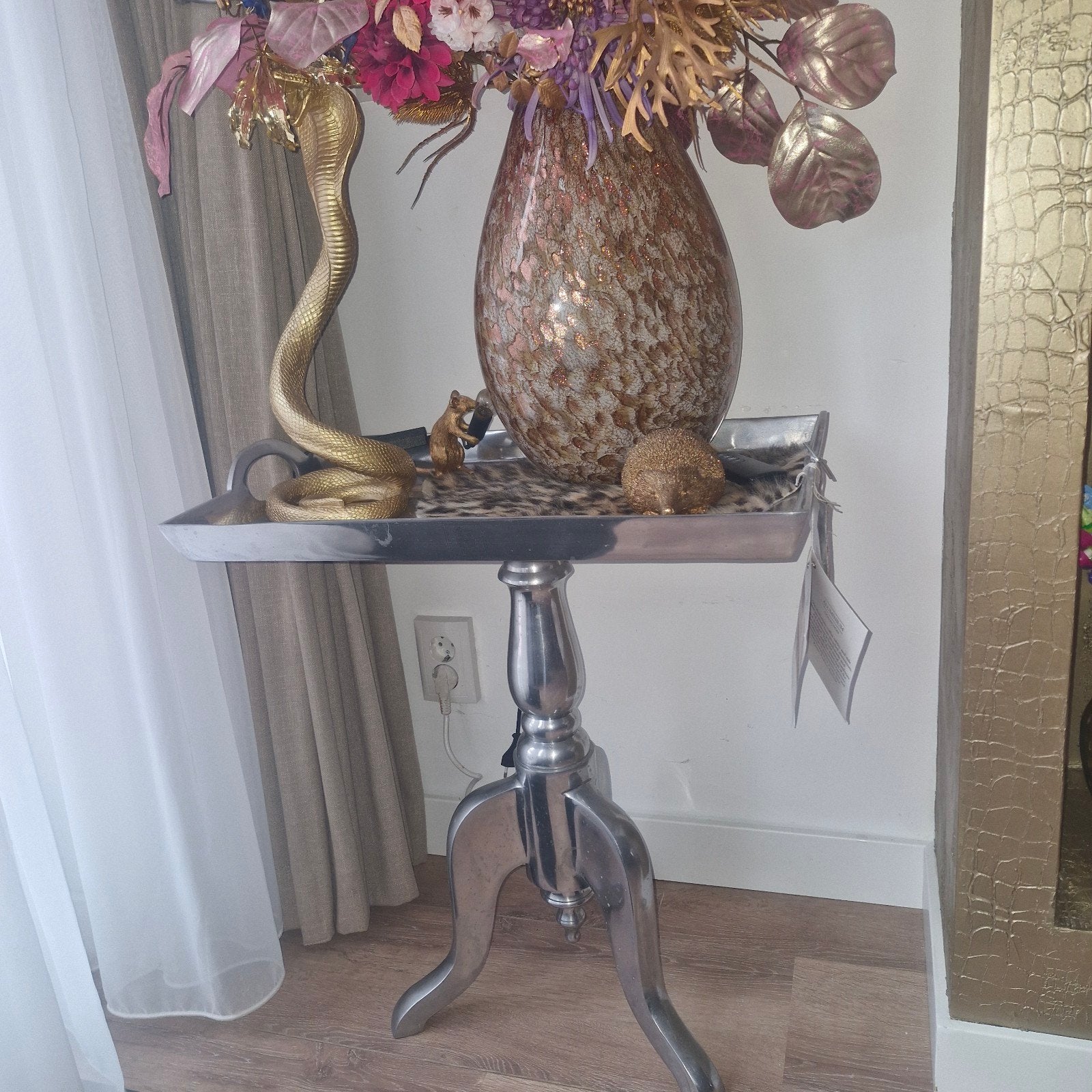 Riviera Maison bijzettafel tray met zilverkleurig dienblad, Ophalen, Metaal of Aluminium, 55 tot 75 cm, Zo goed als nieuw
