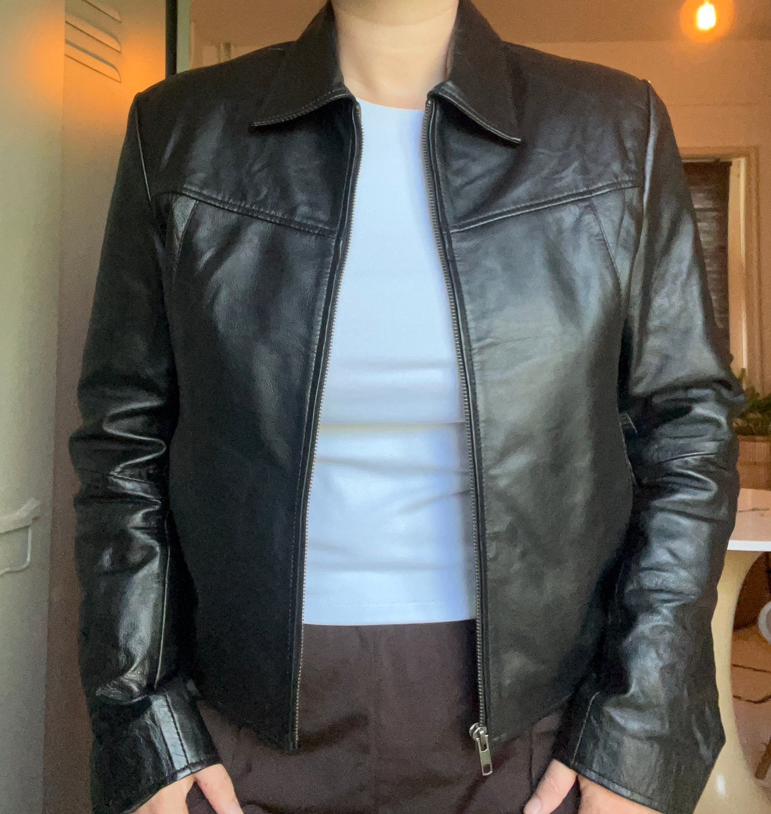 WORN Vintage Boxy Jacket Black Leather / Leren Zwarte Jasje, Ophalen of Verzenden, Nieuw, Maat 42/44 (L), Zwart