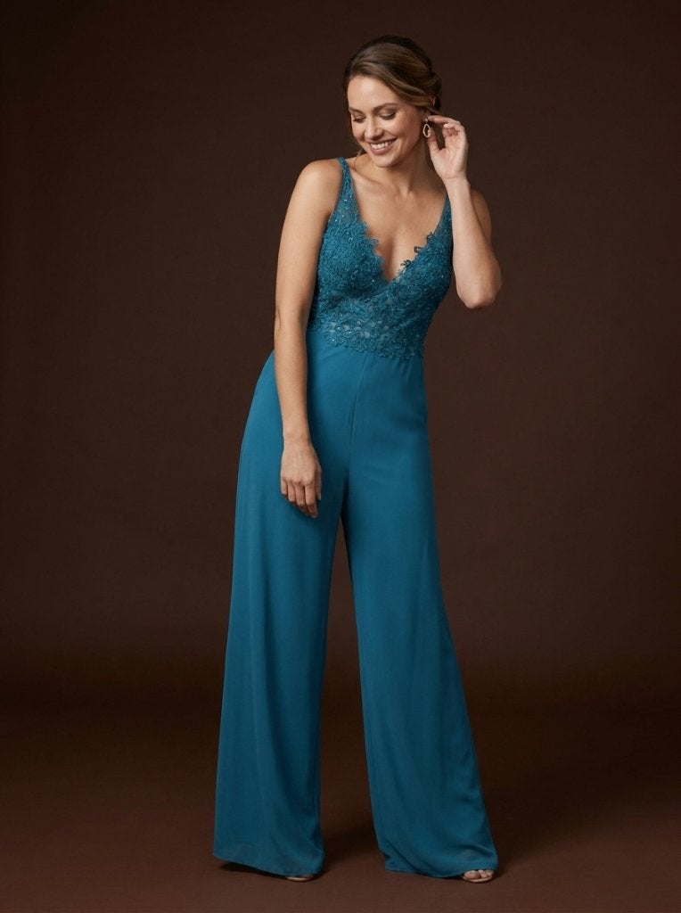 Belle Nuit - Petrolblauwe Jumpsuit met Kralen Kant, Blauw, Ophalen of Verzenden, Zo goed als nieuw, Maat 36 (S)