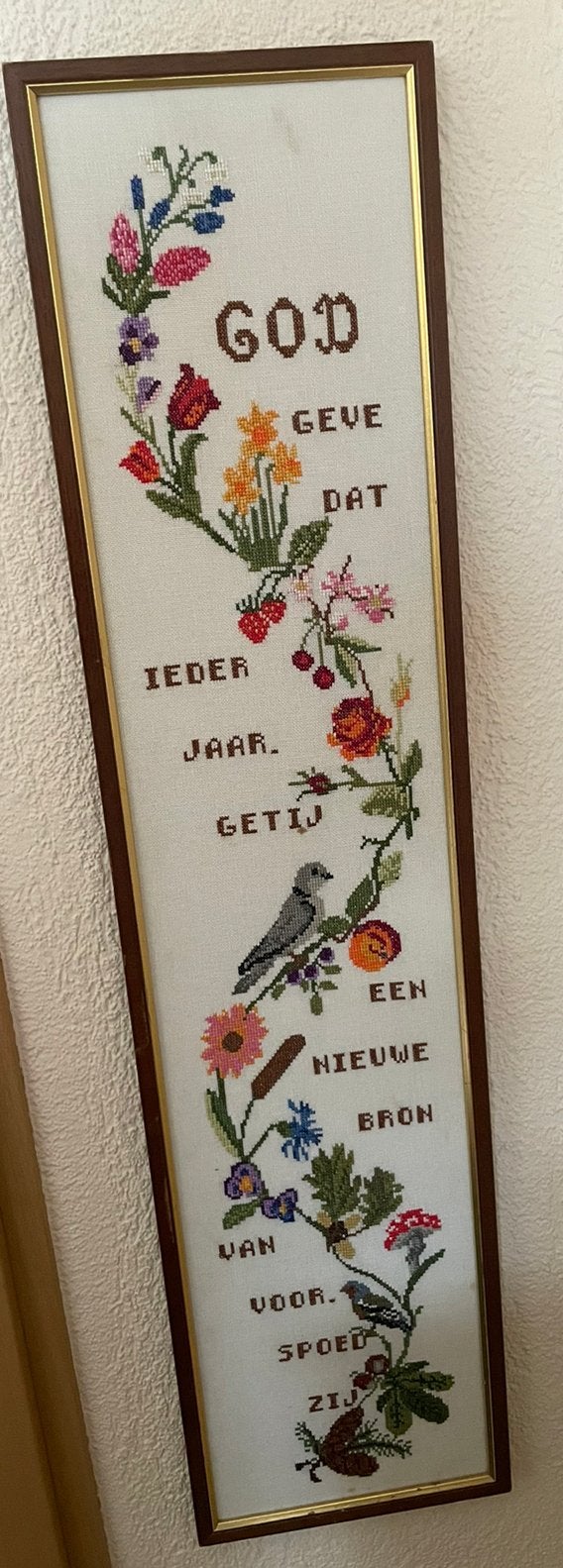 Geborduurde schilderij vogels fruit bloemen, Hobby en Vrije tijd, Ophalen of Verzenden, Zo goed als nieuw, Overige typen