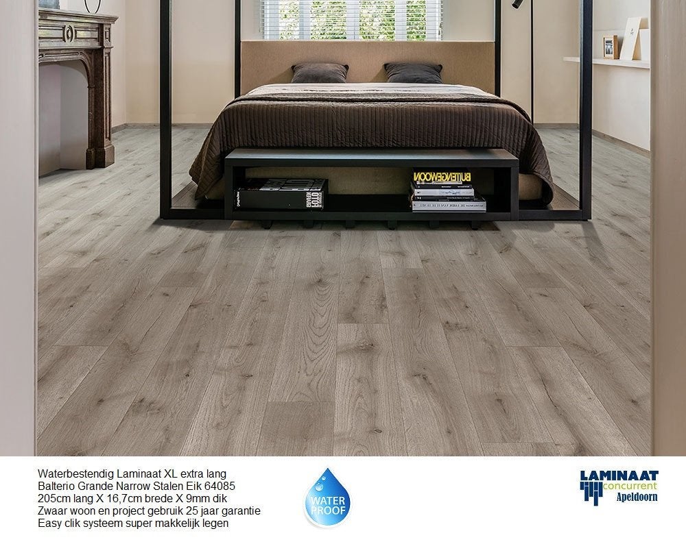 Balterio Grande Narrow Stalen Eik 9mm dik  - Waterbestendig, 75 m² of meer, Waterbestendig laminaat grijs landhuisdeel 9mm dik