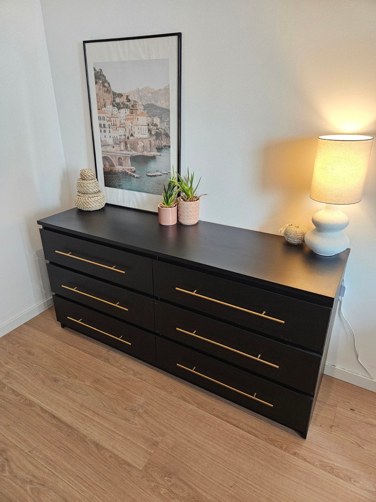 IKEA MALM ladekast 6 lades zwart / gouden handvaten, Ophalen, 5 laden of meer, 150 tot 200 cm, Zo goed als nieuw