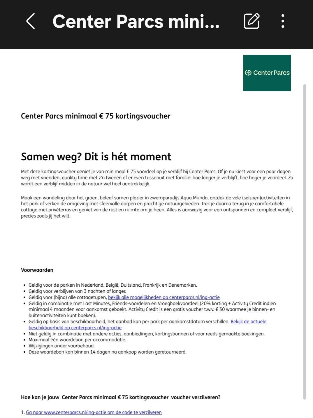 Centerparcs Kortingsbon twv €75, Kortingsbon, Overige typen