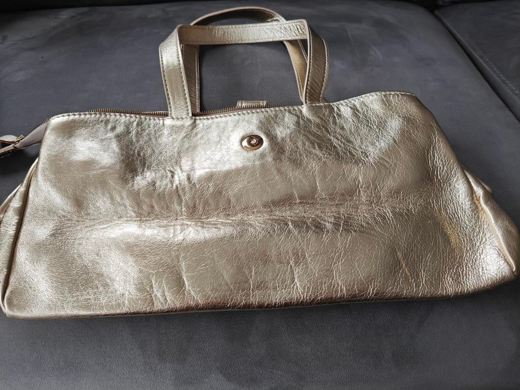 Gouden leren handtas met krokodillenprint, Ophalen of Verzenden, Gebruikt, Overige kleuren, Handtas