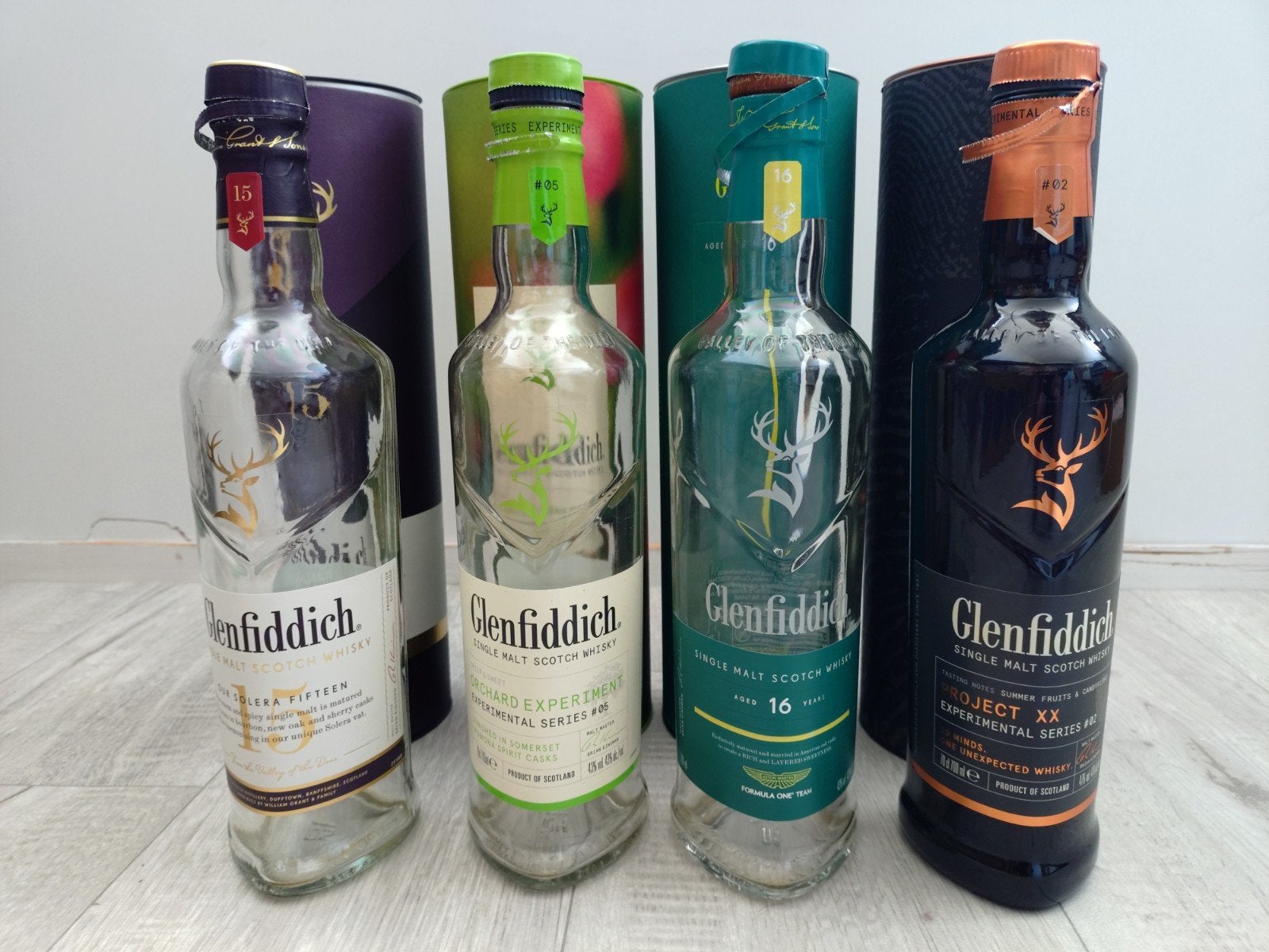 4 (lege) Glennfiddich whiskey flessen, Verzamelen, Ophalen of Verzenden, Gebruikt, Verpakking