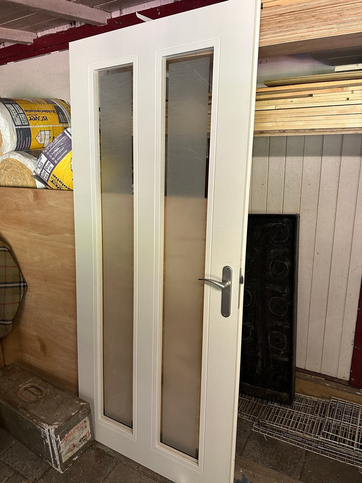 Witte binnendeur met glaspanelen en deurbeslag, Doe-het-zelf en Verbouw, Deuren en Horren, Ophalen, Gebruikt, 80 tot 100 cm, Binnendeur
