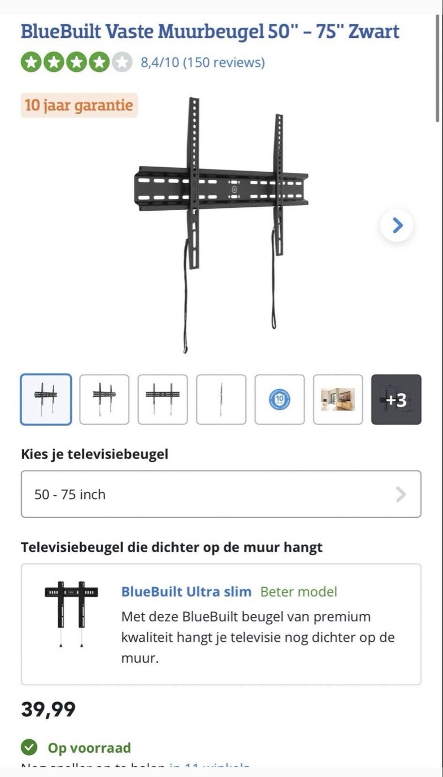 BlueBuilt Vaste Muurbeugel 50-75 inch Zwart, Ophalen of Verzenden, Zo goed als nieuw