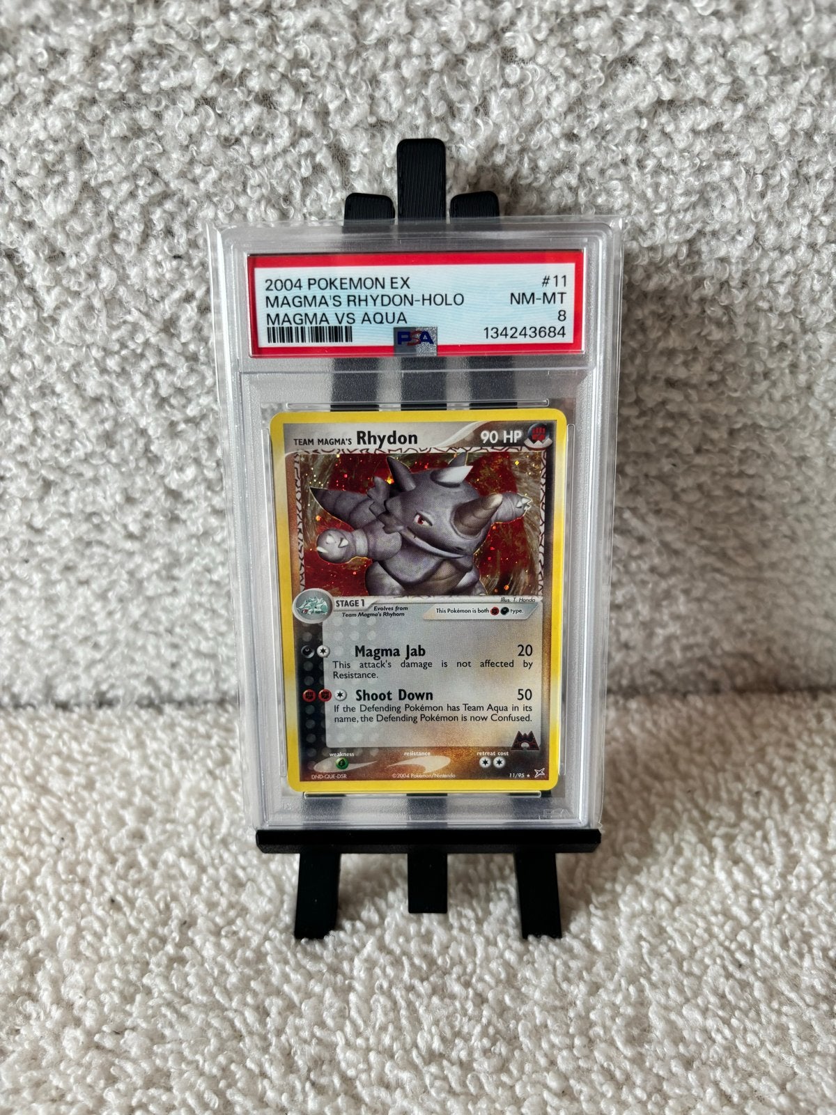 2004 Pokémon EX Magma's Rhyhorn-Holo PSA 8, Ophalen of Verzenden, Zo goed als nieuw, Losse kaart, Foil
