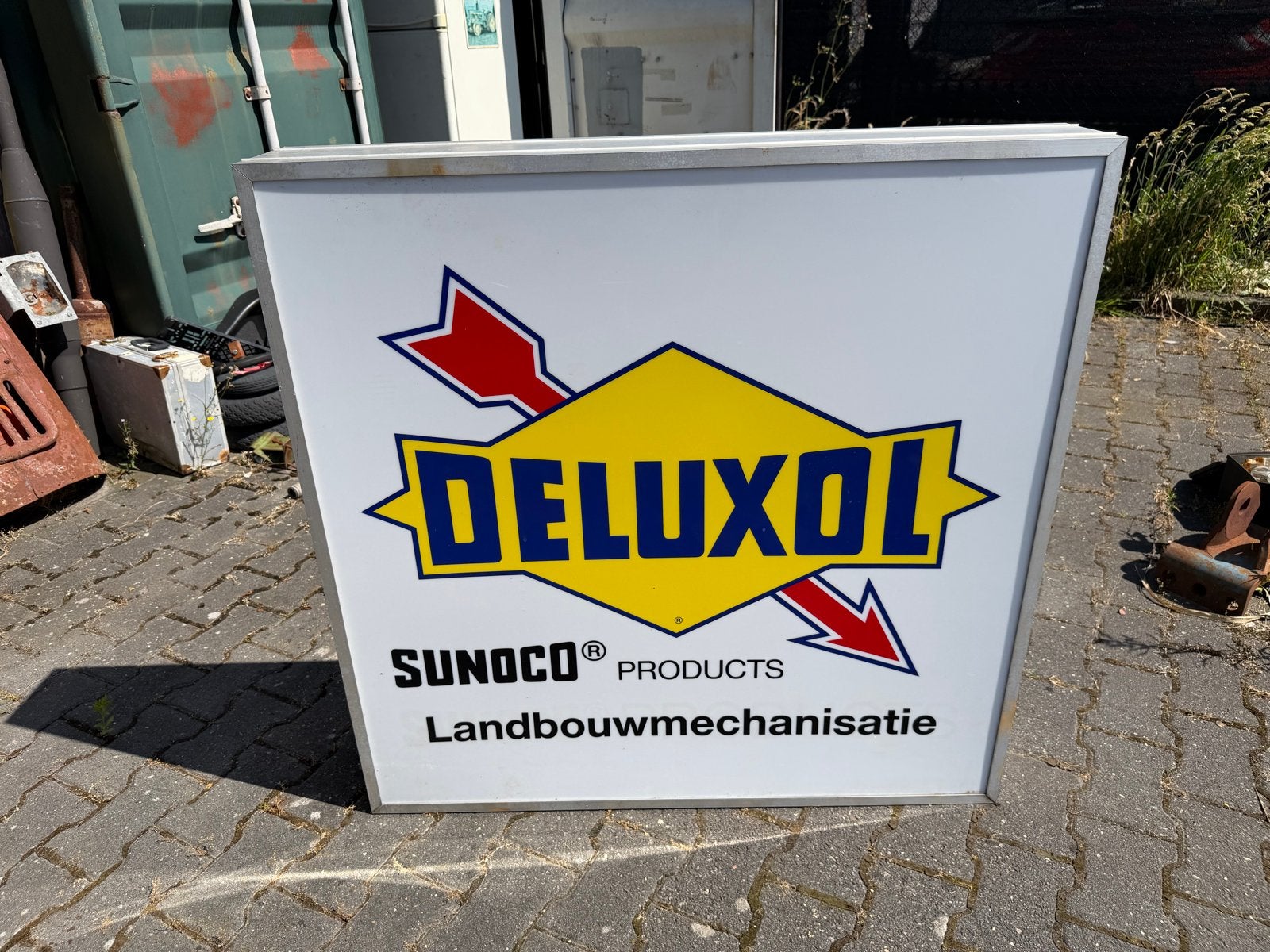 Oude Deluxol Landbouwmechanisatie lichtreclame 1x1 meter, Verzamelen, Ophalen, Gebruikt, Lichtbak of (neon) lamp