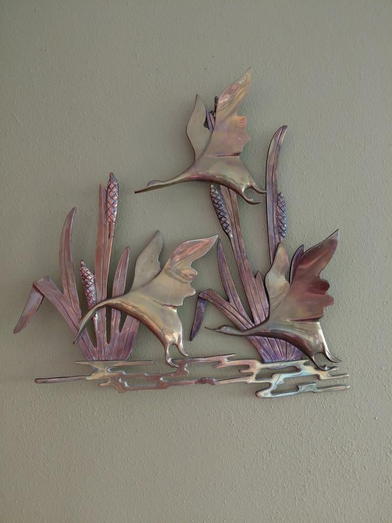 Vintage Koper en brons wandplaquette  vogels en riet 1960, Ophalen of Verzenden