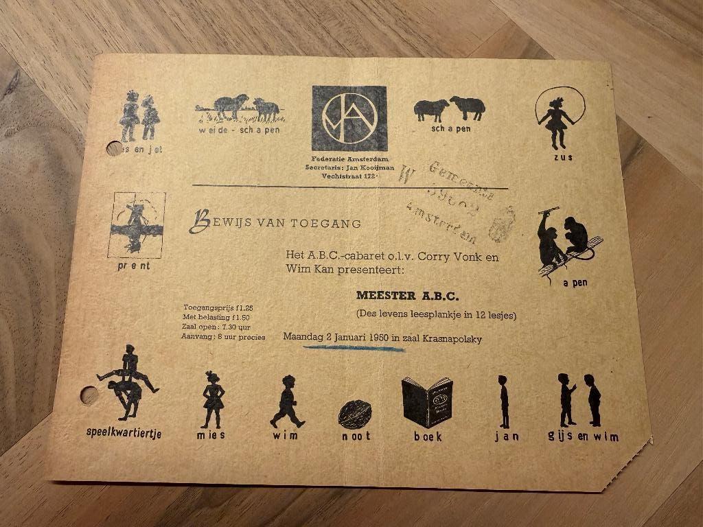 Toegangskaart / ticket ABC cabaret Wim Kan 1950, Verzamelen, Verzenden, Gebruikt, Overige typen